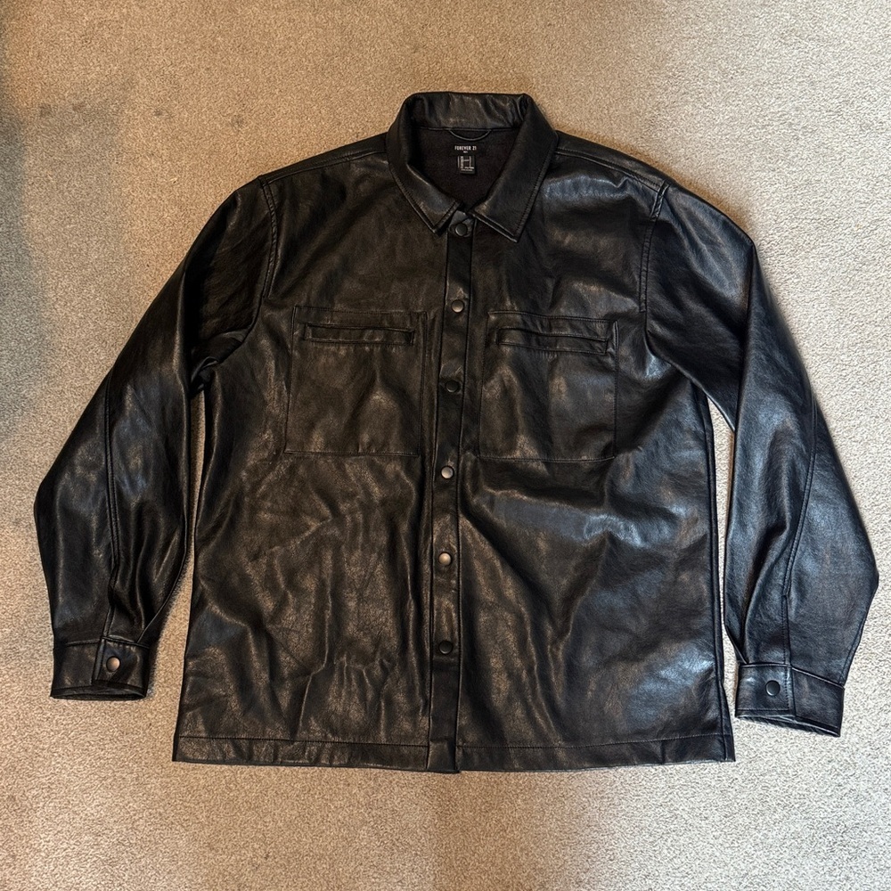 Forever 21 Black Pleather Button Down Collar Jacket Size L